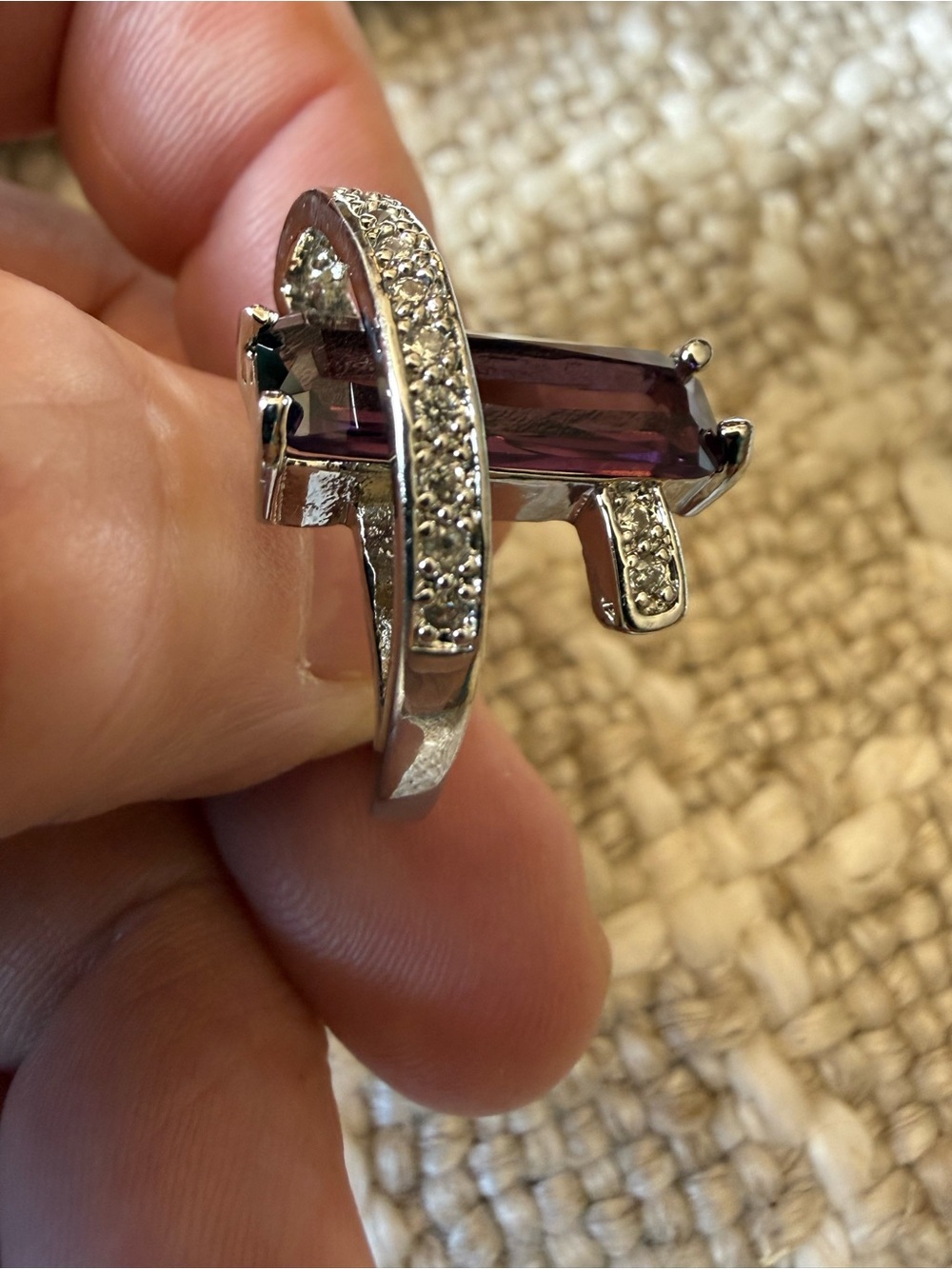 Ultra Modern Style Sterling Silver 925 Amethyst & Pave Crystal Bougie Ring 7.5